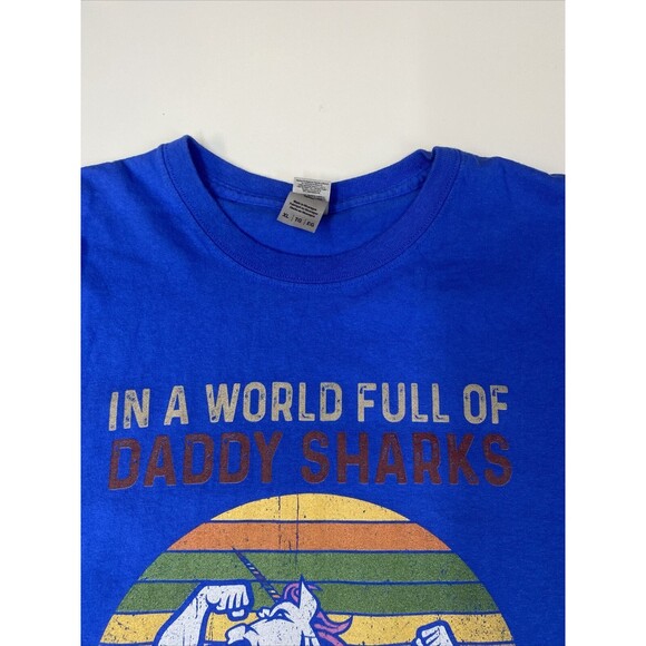 Be A DaddyCorn in a Daddy Shark World blue short sleeve graphic t shirt size XL - Picture 5 of 11